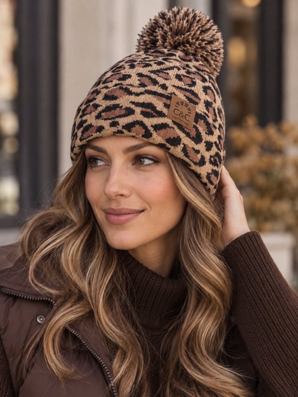C.C. Leopard Print Pom Pom Beanie Chocolate Brown Gold